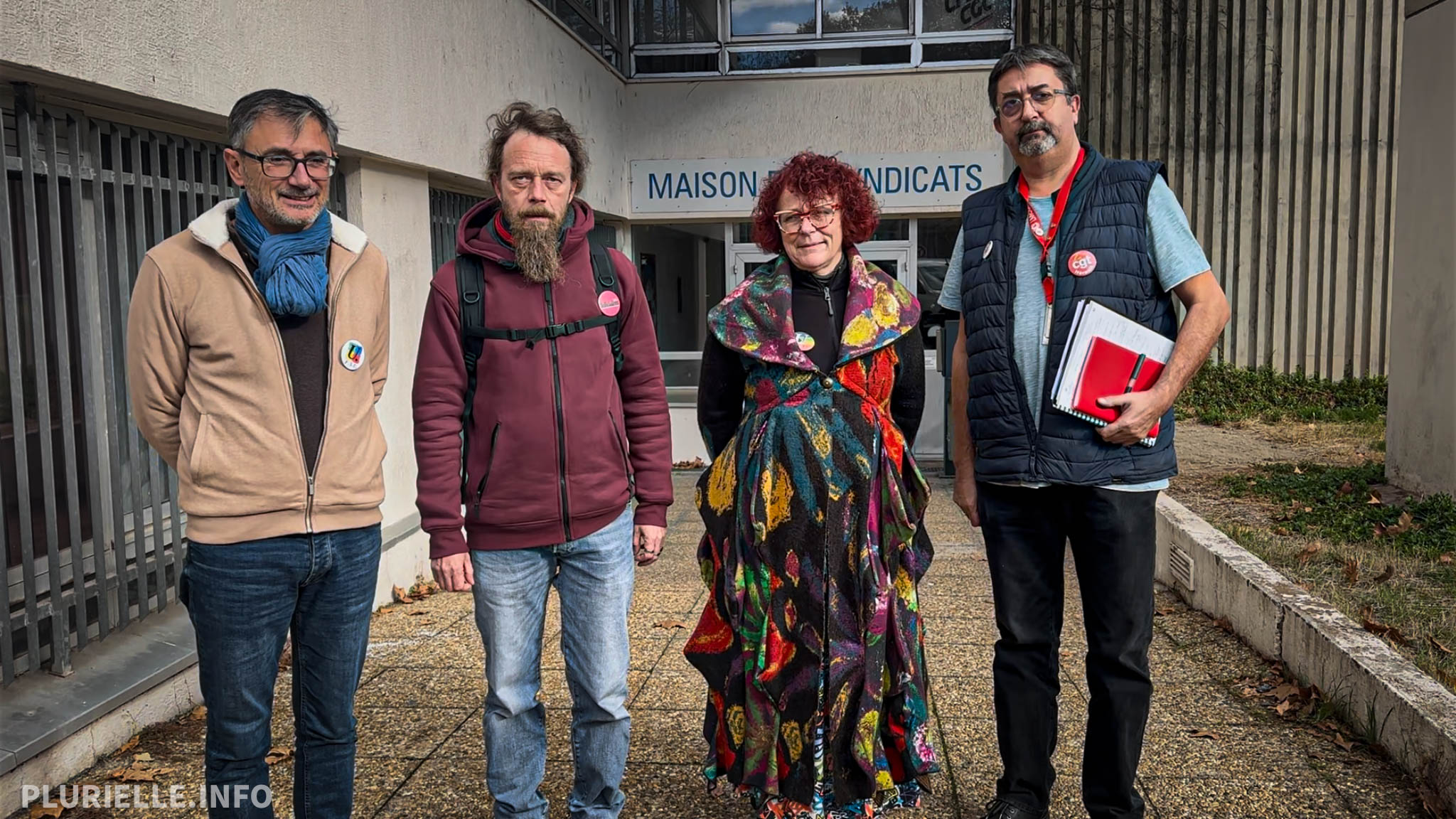 Stéphane Audebeau (FSU) Patrick Schevin (Solidaires) Christine Saint-Joanis (FSU) Ludovic Sigal (CGT) novembre 2025 - Photo - JPV PLURIELLE INFO