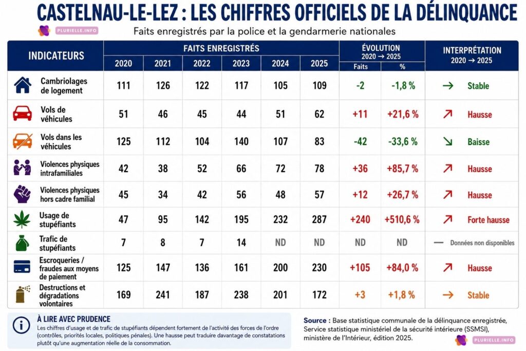 Chiffres officiels de la délinquance à Castelnau-le-Lez - infographie - PLURIELLE INFO