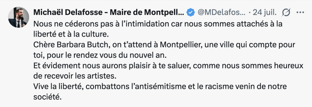 Tweet de Michaël Delafosse le 24 juillet 2026 à l'attention de Barbara Butch